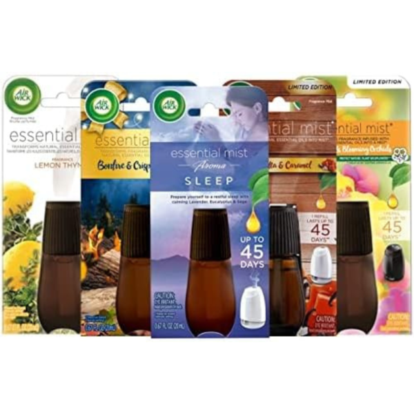Air Wick Essential Mist Diffuser Oil Refills Variety Pack, Set of 5 Fragrance Mist Refills, Lavender, Vanilla, Lemon, Bonfire, Hibiscus
