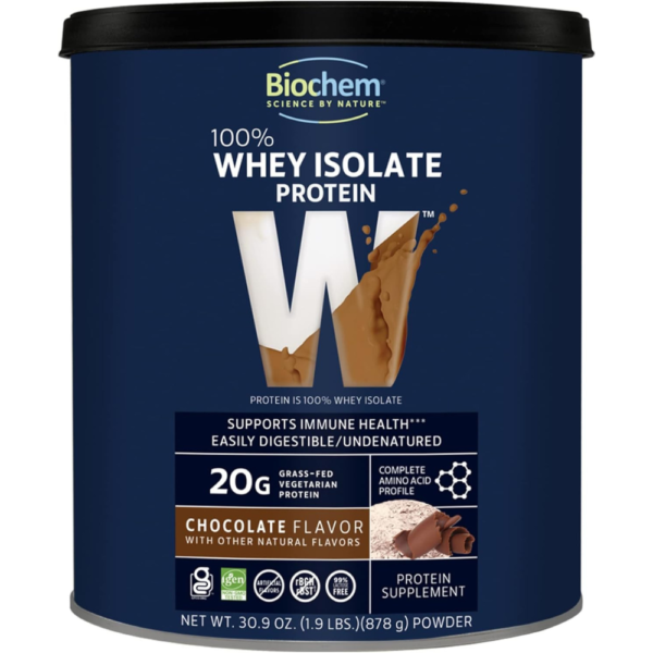 Biochem 100% Whey Isolate Protein - Chocolate Flavor - 30.9 Ounce - Supports Immune Health - Easily Digestible - Refreshing Taste - 20g Vegetarian Protein - Amino Acids