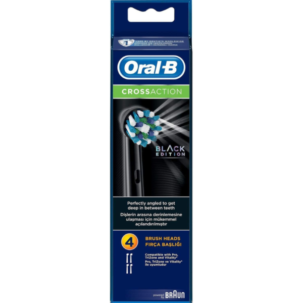 Oral-B CrossAction Black Toothbrush Heads Pack Of 4 Replacement Refills For Electric Rechargeable Toothbrush, Black Edition