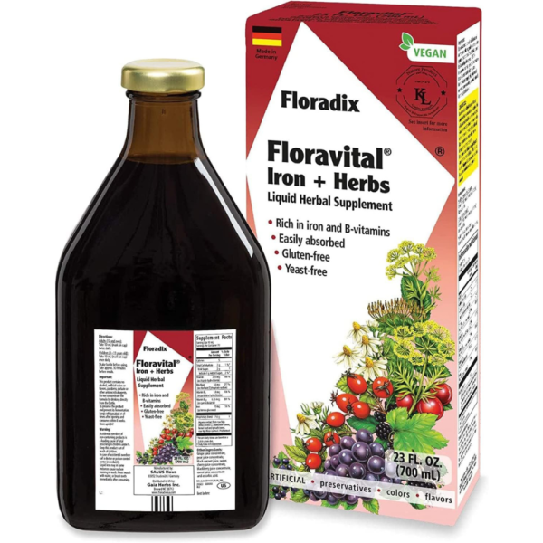 Floradix, Floravital Iron & Herbs Vegan Liquid Supplement, Energy Support for Women and Men, Easily Absorbed, Non-GMO, Vegan, Kosher, Lactose-Free, Unflavored, 23 Fl Oz
