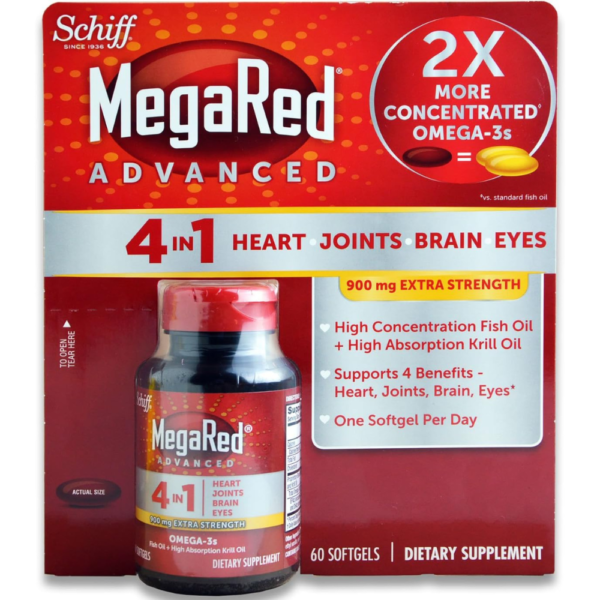 Schiff MegaRed Advanced 4 in 1 Heart Joints Brain Eye 60 Softgels 900mg Extra Strength