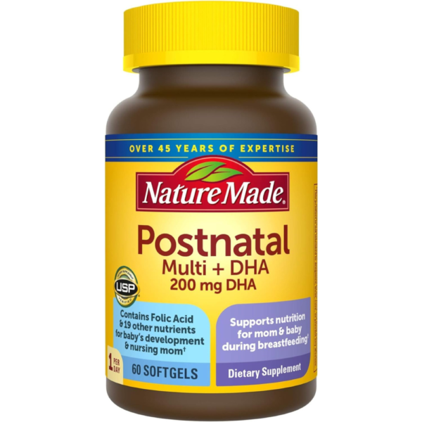 Nature Made Postnatal Multivitamin + DHA 200 mg, 60 Softgels, to Support Nursing Moms & Babies During Breastfeeding, Postnatal Vitamins & Nutrients Include Iron, Vitamin D3, Calcium, Iodine