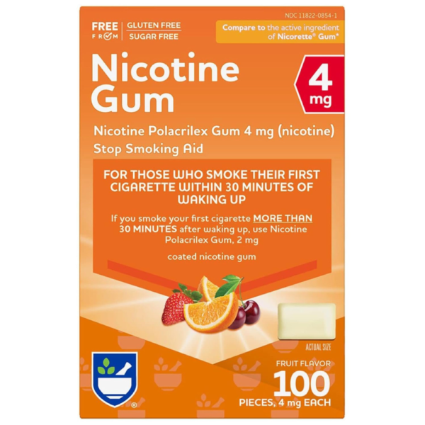 Rite Aid Nicotine Gum, 4 mg - 100 Count | Quit Smoking Aid | Nicotine Replacement Gum (Fruit)