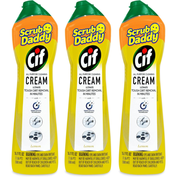 Scrub Daddy 3x Cif All Purpose Cleaning Cream, Lemon - Multi Surface Household Cleaning Cream for Glass, Chrome, Granite, Sink, Gold, Marble Countertops & More (3x 16.9oz Each)