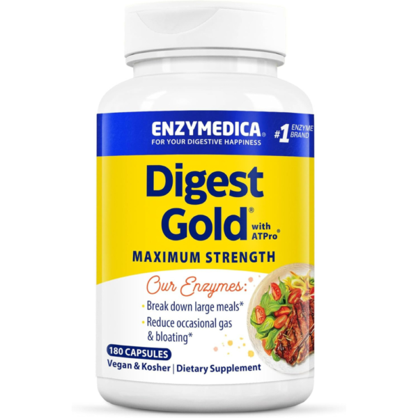 Enzymedica Digest Gold + ATPro, Maximum Strength Digestive Enzymes, Helps Digest Large Meals for Instant Bloating Relief, 180 Count