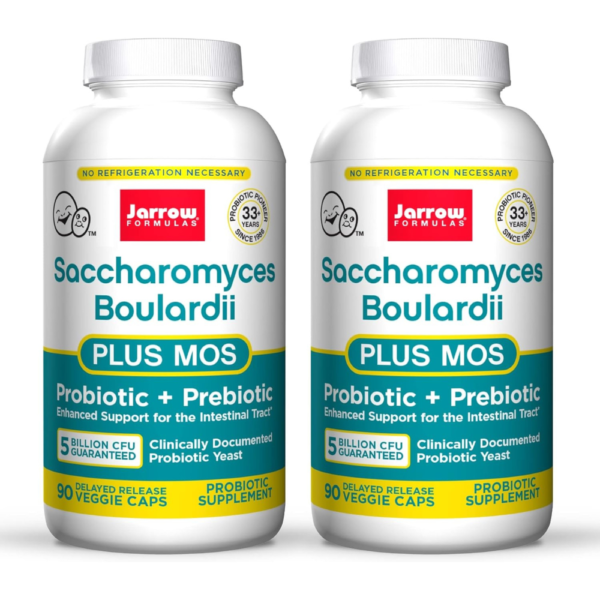 Jarrow Formulas Saccharomyces Boulardii + MOS - 5 Billion Viable Organisms Per Serving - 90 Delayed Release Veggie Caps, 2 Pack - Probiotic + Prebiotic - Intestinal Tract Support - Up to 180 Servings