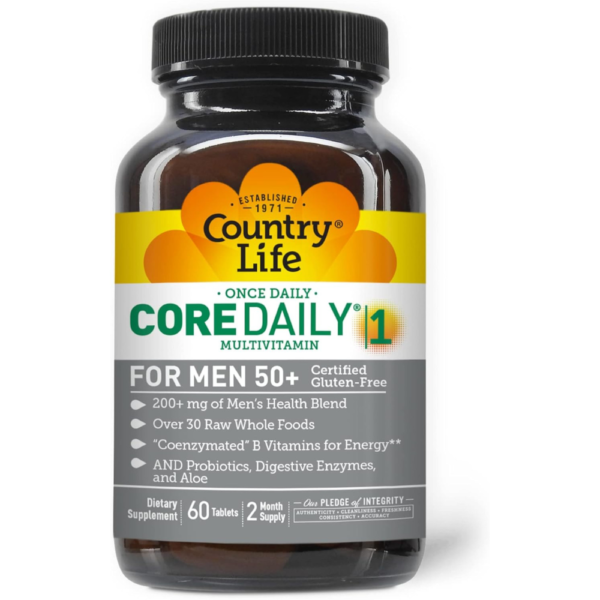Country Life Core Daily-1 Multivitamin for Men 50+, Energy Support, 60 Tablets, 2 Month Supply, Certified Gluten Free
