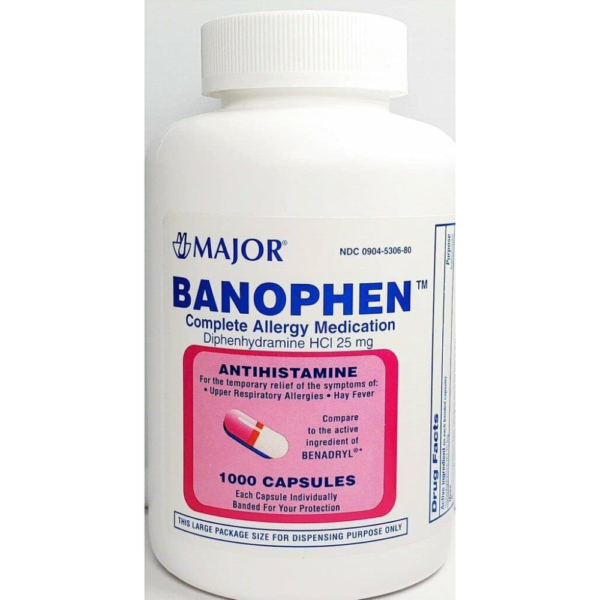 Major Pharmaceuticals Banophen Diphenhydramine 25mg, Antihistamine, 1000 Capsules