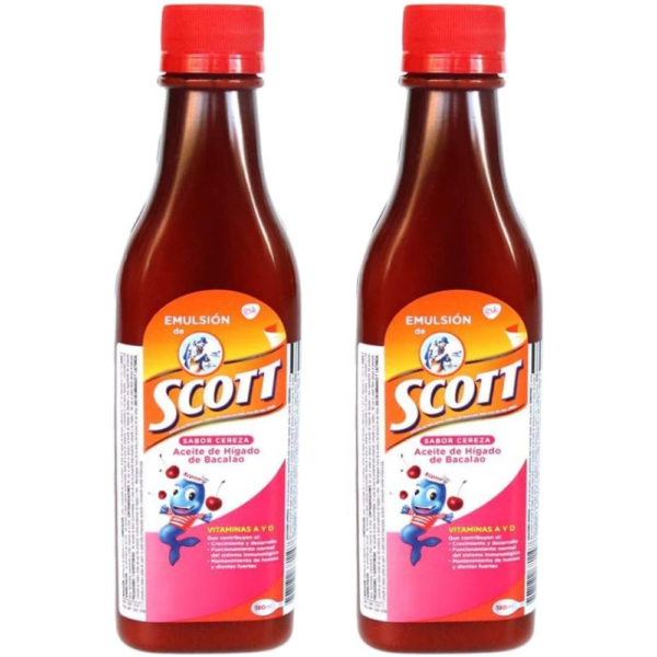 Emulsion de Scott 180 ml Cod Liver Oil with Vitamin A, D Calcium Dietary Supplement for Kids and Children 2 Pack (Cherry, frutas tropicales, Tradicional) (Cereza (Cherry))